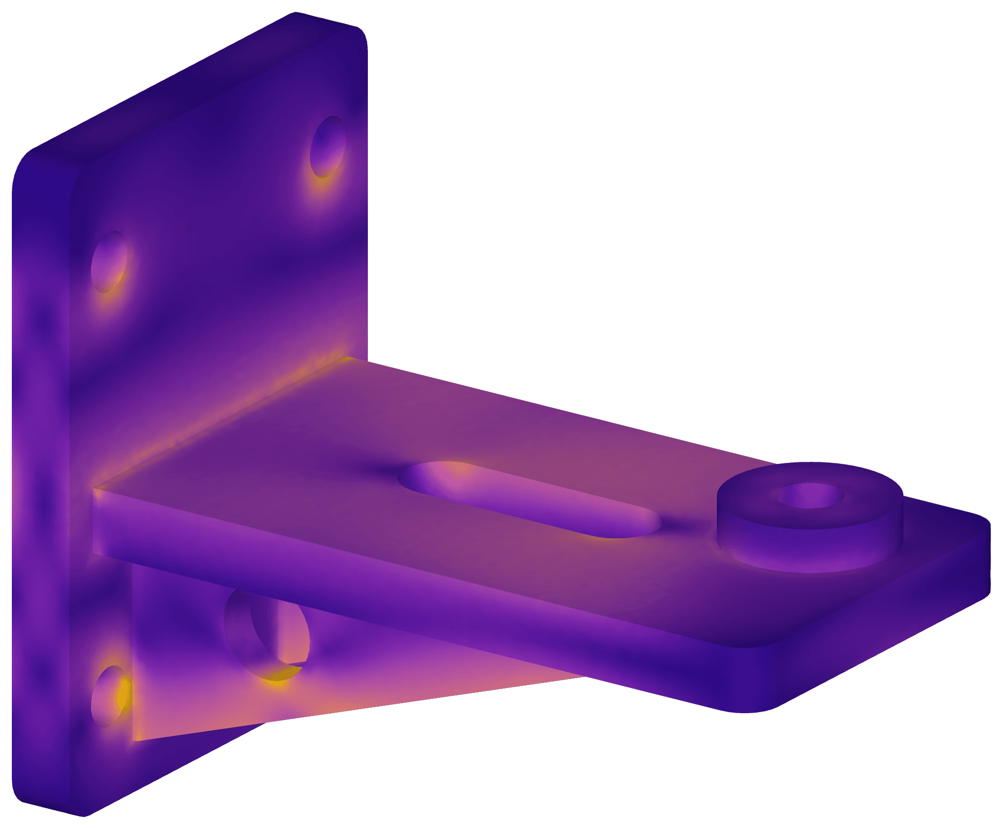 Solved von Mises stress field on a ribbed bracket, purple (low) to orange (high)